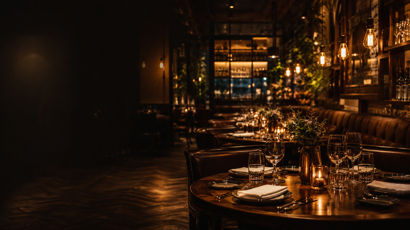 A warm, candlelit dining room
